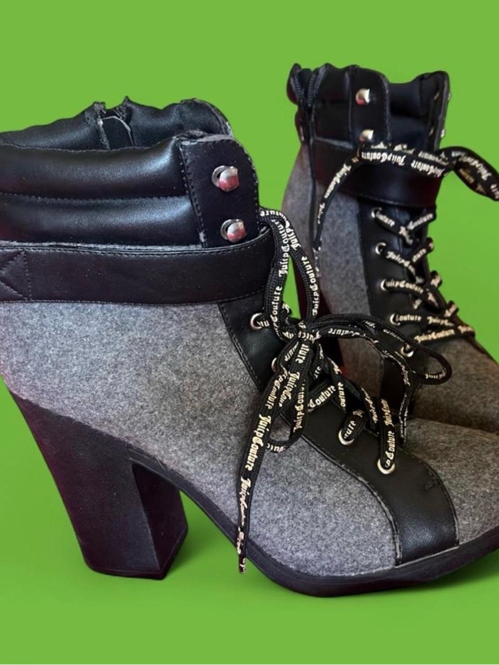 Juicy Couture Gray Felt and Black Leather Lace-Up Block Heel Booties